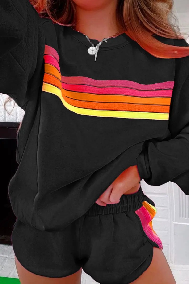 Black Striped Accent Pullover and Shorts Two Piece Set - Love Salve